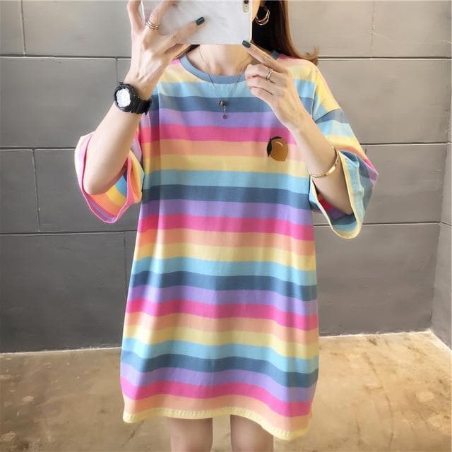 Rainbow Striped T-Shirt - Asian Fashion Lianox