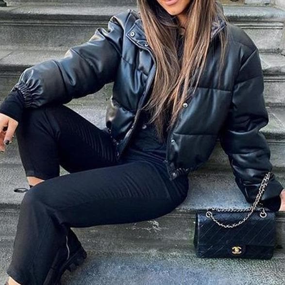 Faux Leather Padded Jacket - Asian Fashion Lianox