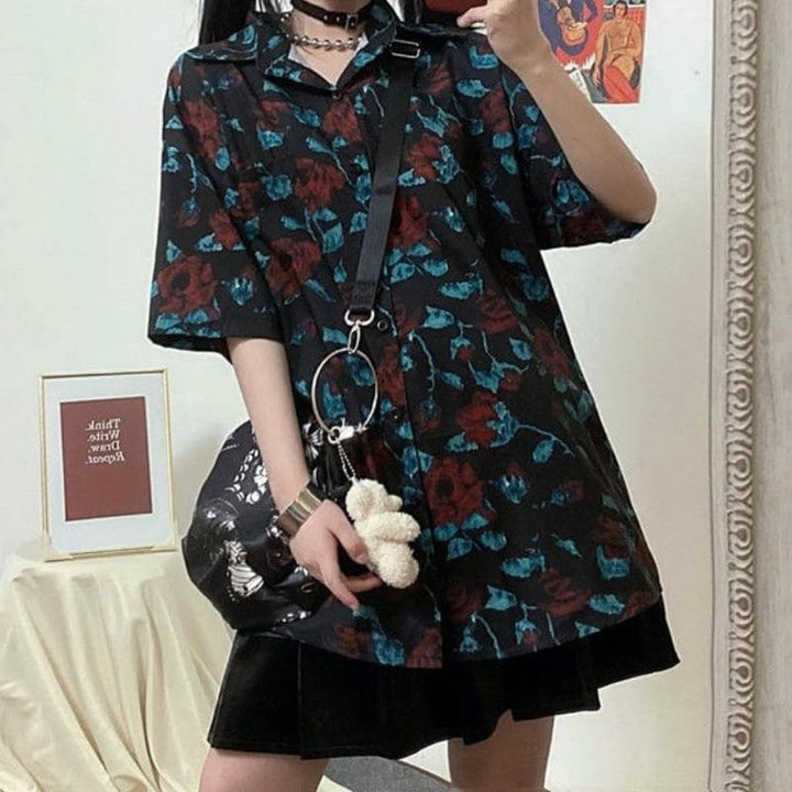 Short Sleeved Shirt with Rose Print - Asian Fashion Lianox