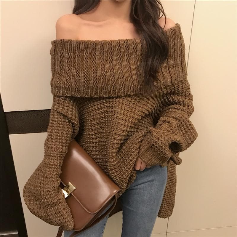 Off-The-Shoulder Knit Sweater - Asian Fashion Lianox