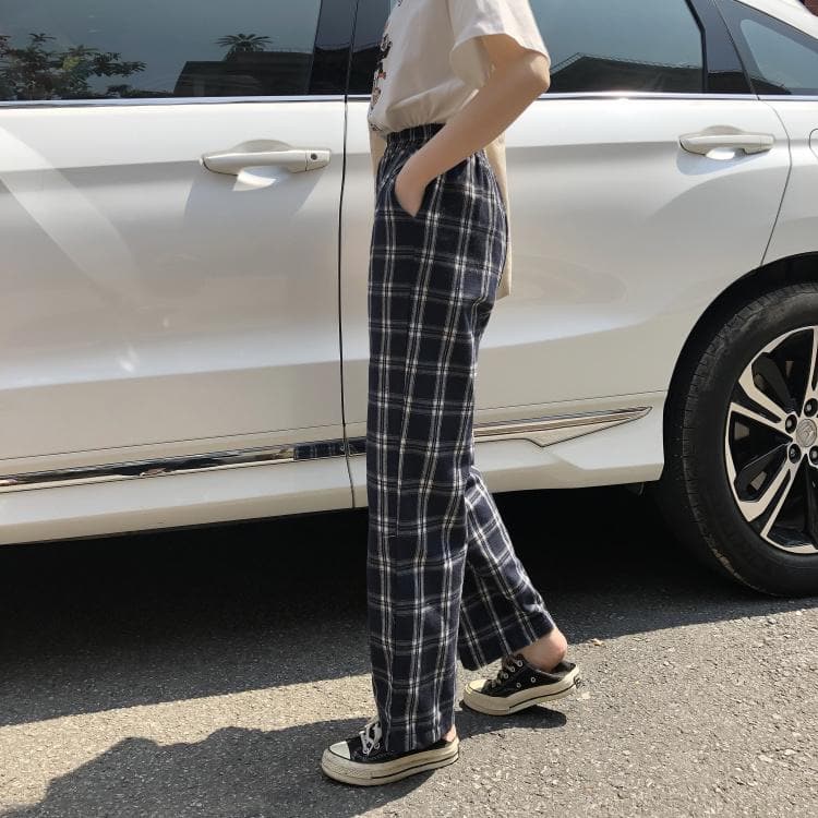 Plaid Pants With Loose Fit - Asian Fashion Lianox