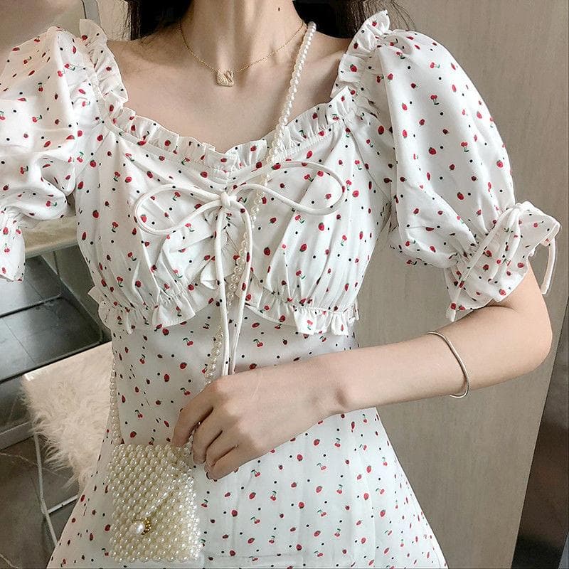 Dress with Puff Sleeve and Fruit Print - Asian Fashion Lianox