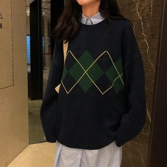 Knit Argyle Sweater - Asian Fashion Lianox