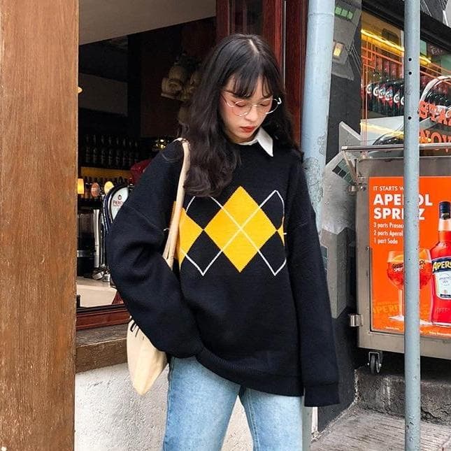 Knit Argyle Sweater - Asian Fashion Lianox