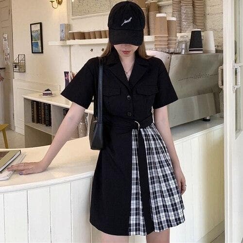 Collared Dress with Plaid Patchwork Skirt - Asian Fashion Lianox