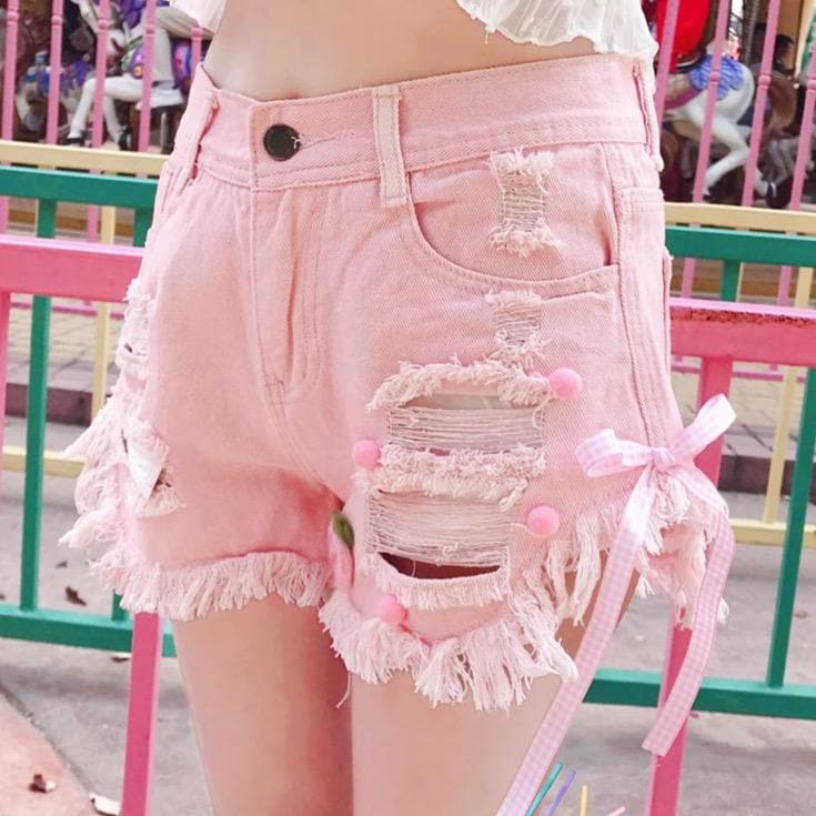High-Waisted Denim Shorts With Distressed Look - Asian Fashion Lianox