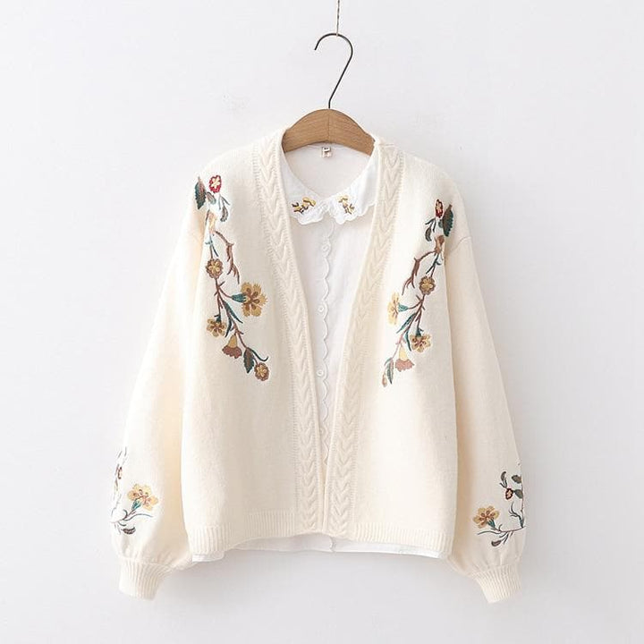Lantern Sleeve Cardigan with Floral Embroidery - Asian Fashion Lianox