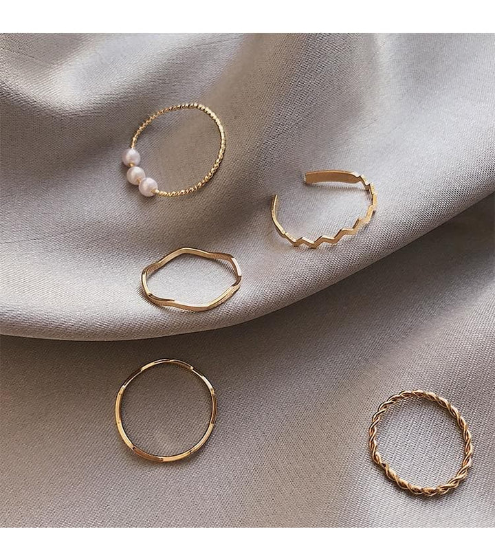Vintage Aesthetic Golden Finger Ring Set (5 Rings) - Asian Fashion Lianox