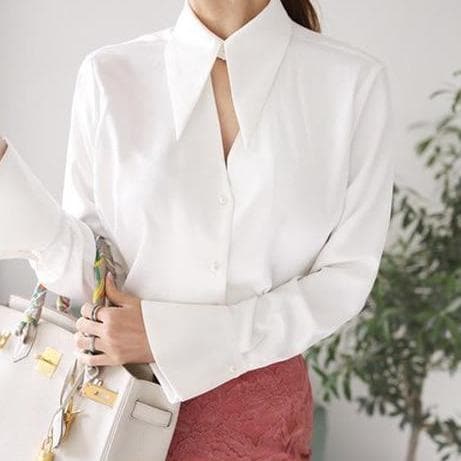 V-Neck Blouse With Unique Collar Cut-Out - Asian Fashion Lianox