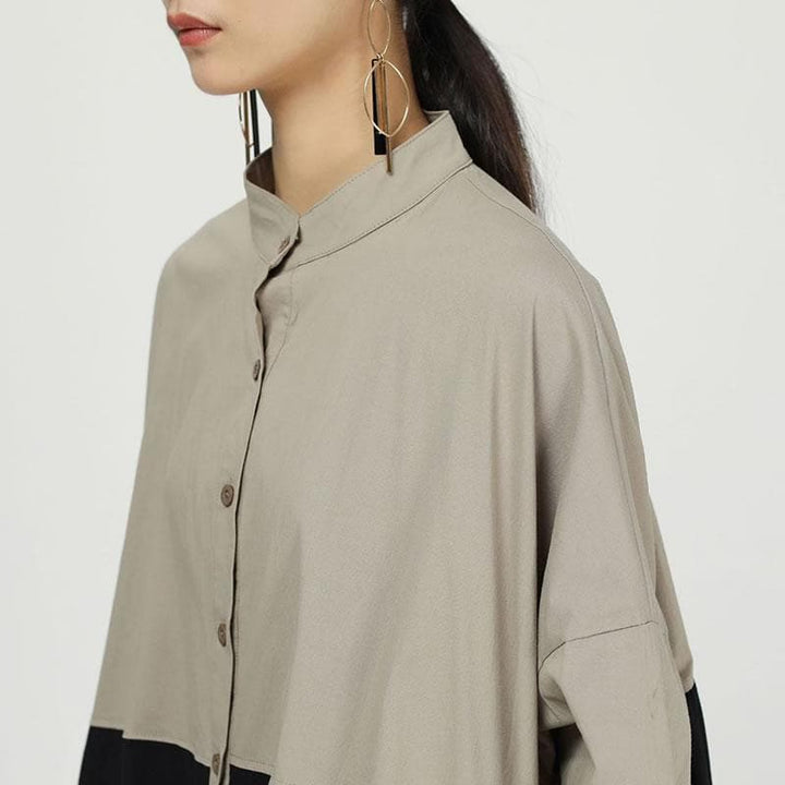 Oversized Button-Down Dress with Patchwork Design - Asian Fashion Lianox