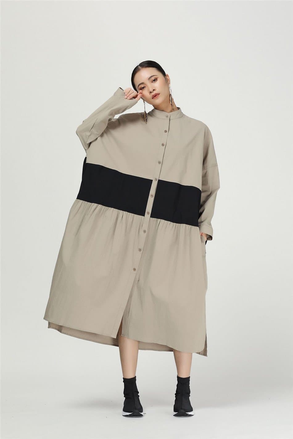 Oversized Button-Down Dress with Patchwork Design - Asian Fashion Lianox