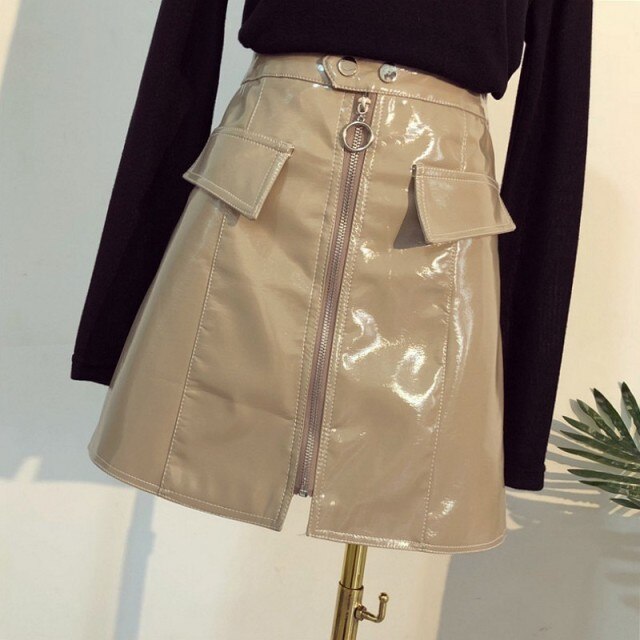 Shiny Faux Leather Skirt With Zipper