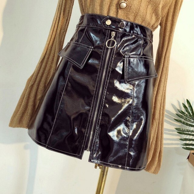 Shiny Faux Leather Skirt With Zipper