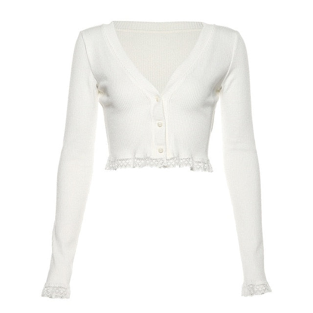 Crop Cardigan With Lace Hem And Cuffs