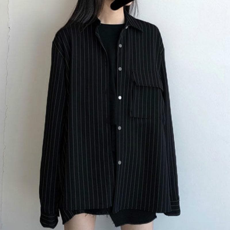 Pinstripe Button-Down Shirt - Asian Fashion Lianox