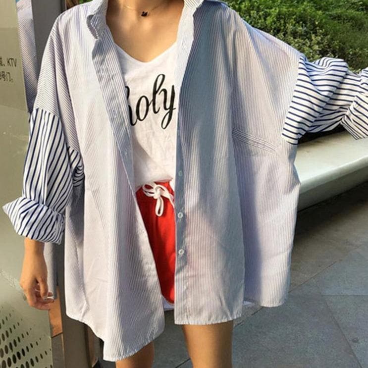 Button-Down Shirt with Striped Sleeves - Asian Fashion Lianox
