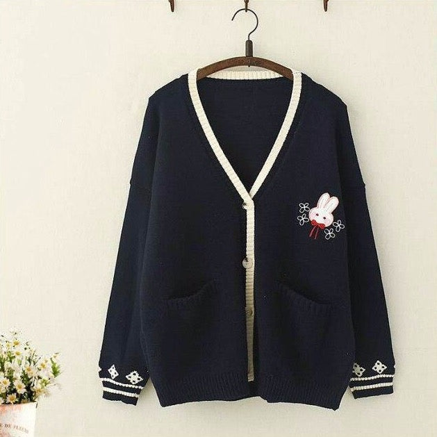 Knit Cardigan With Bunny Embroidery