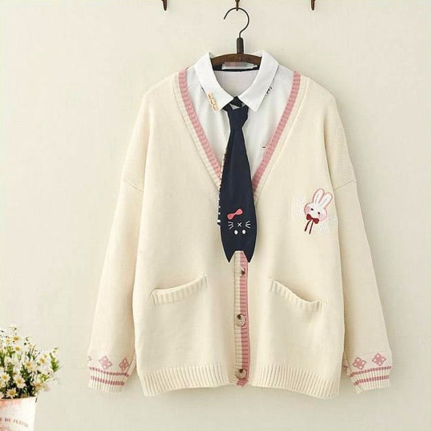 Knit Cardigan With Bunny Embroidery