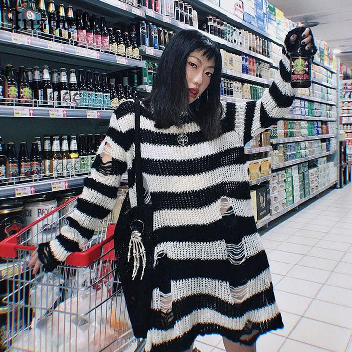 Oversized Striped Sweater With Ripped Details - Asian Fashion Lianox