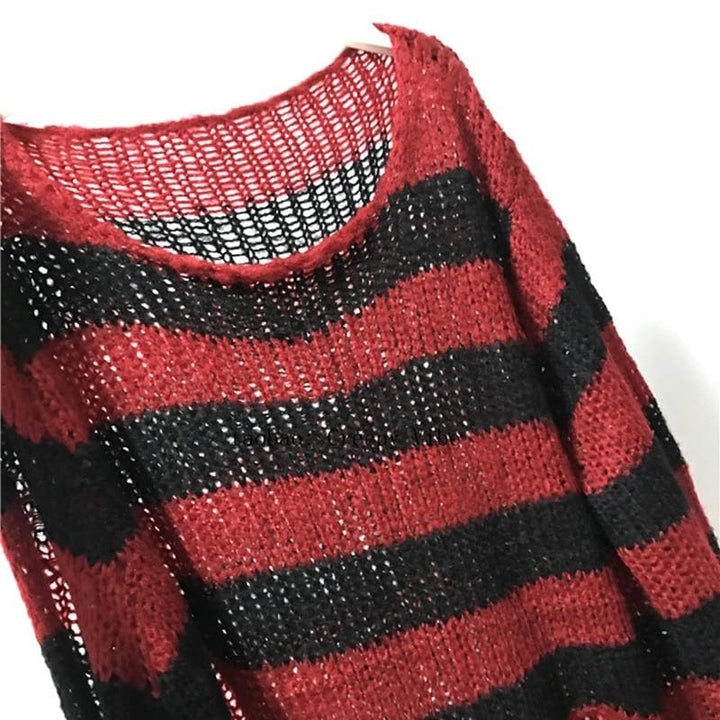 Oversized Striped Sweater With Ripped Details - Asian Fashion Lianox