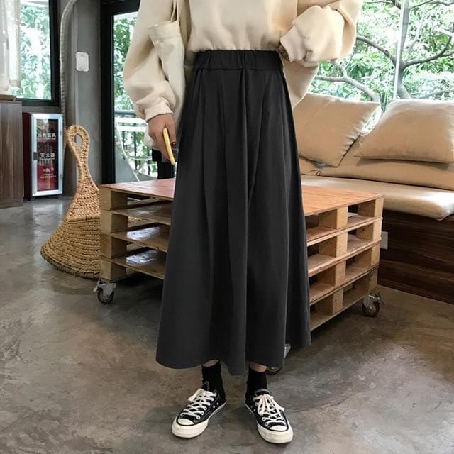 Basic Maxi Skirt with Elastic Waistband - Asian Fashion Lianox