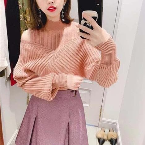 Cold-Shoulder Turtleneck Sweater - Asian Fashion Lianox