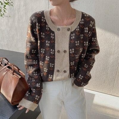Double-Breasted Knit Cardigan with Floral Pattern - Asian Fashion Lianox