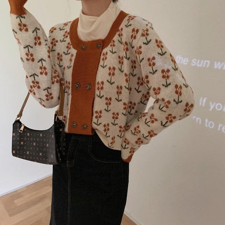 Double-Breasted Knit Cardigan with Floral Pattern - Asian Fashion Lianox