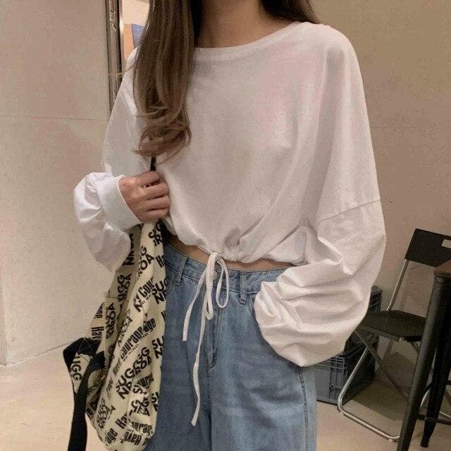 Oversized Crop Sweatshirt with Drawstring - Asian Fashion Lianox