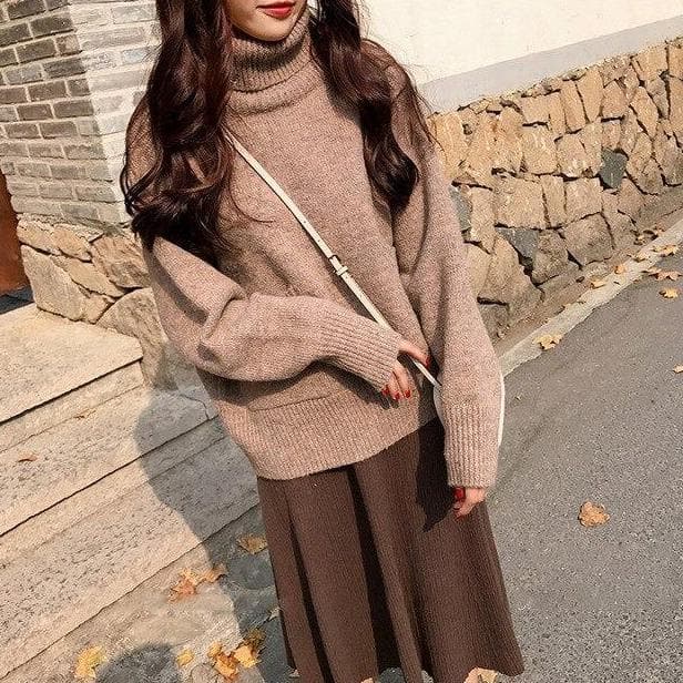 Knit Two-Piece-Set (Turtleneck Sweater + Skirt) - Asian Fashion Lianox