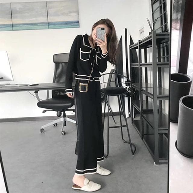 Two-Piece-Set (Blouse/Blazer + Wide-Leg Pants) - Asian Fashion Lianox