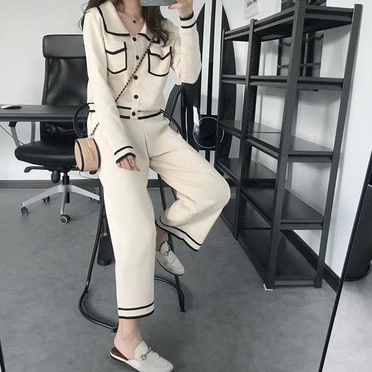 Two-Piece-Set (Blouse/Blazer + Wide-Leg Pants) - Asian Fashion Lianox