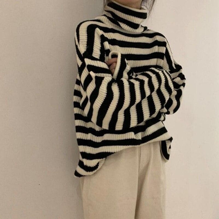 Knit High Collar Pullover with Stripes - Asian Fashion Lianox