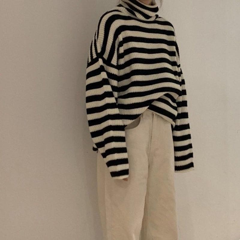 Knit High Collar Pullover with Stripes - Asian Fashion Lianox