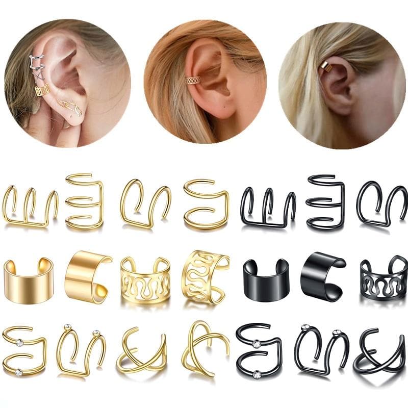 Ear Cuff Sets (5 Or 12 Cuffs/Set) (Gold + Silver + Black) - Asian Fashion Lianox