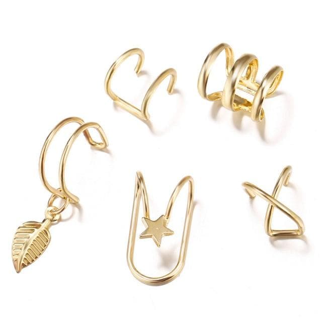 Ear Cuff Sets (5 Or 12 Cuffs/Set) (Gold + Silver + Black) - Asian Fashion Lianox