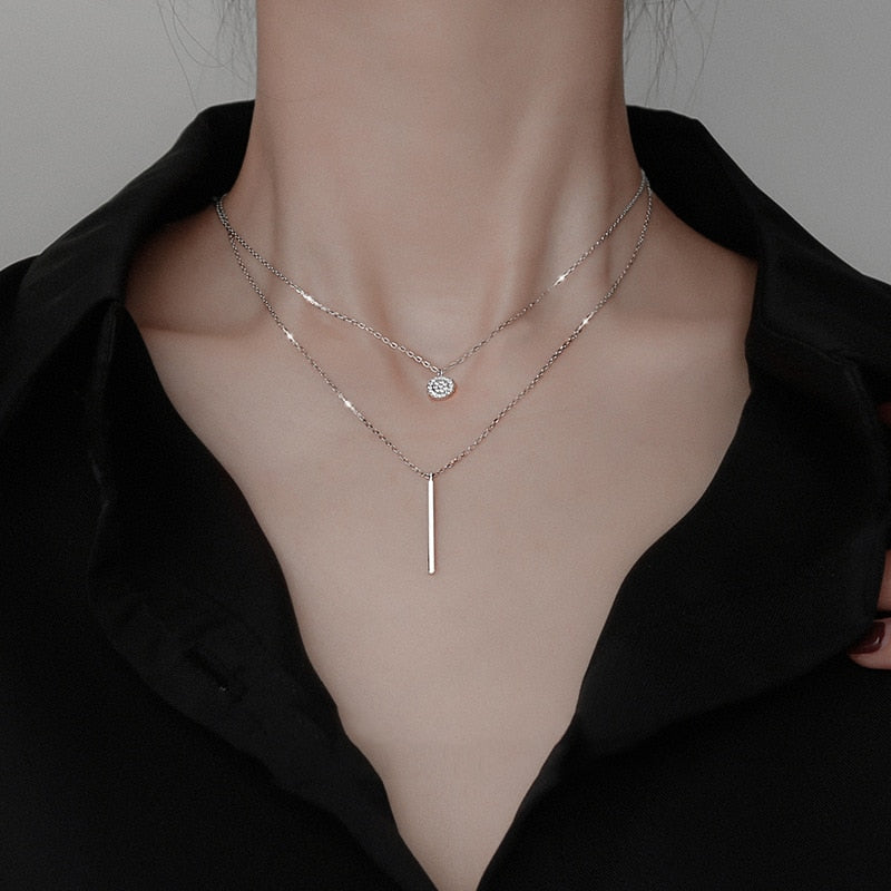Double-Layered Necklace With Plate And Bar Pendant (Rose Gold + Silver)