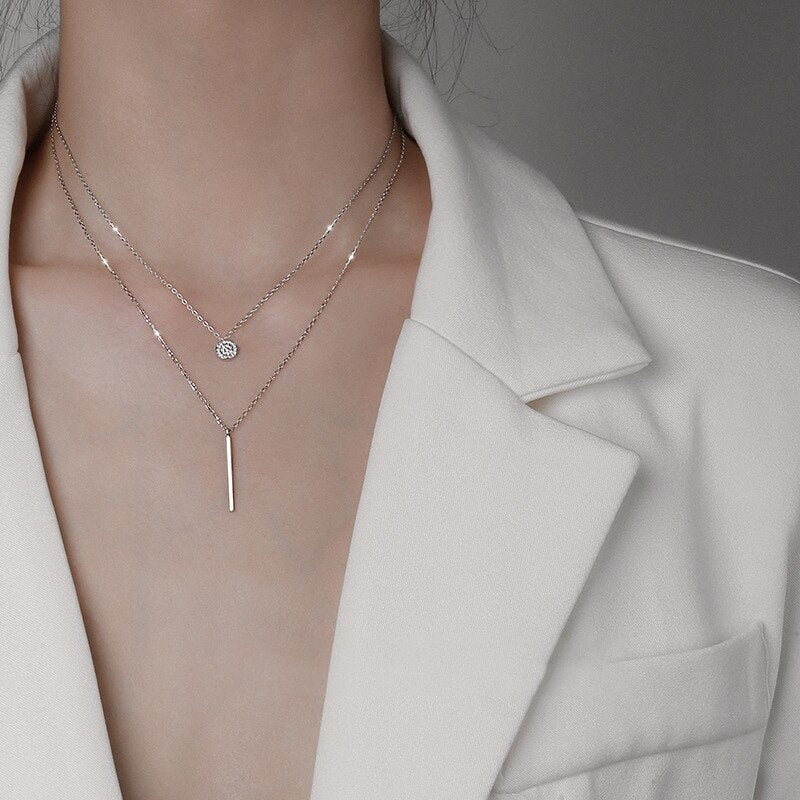 Double-Layered Necklace With Plate And Bar Pendant (Rose Gold + Silver)