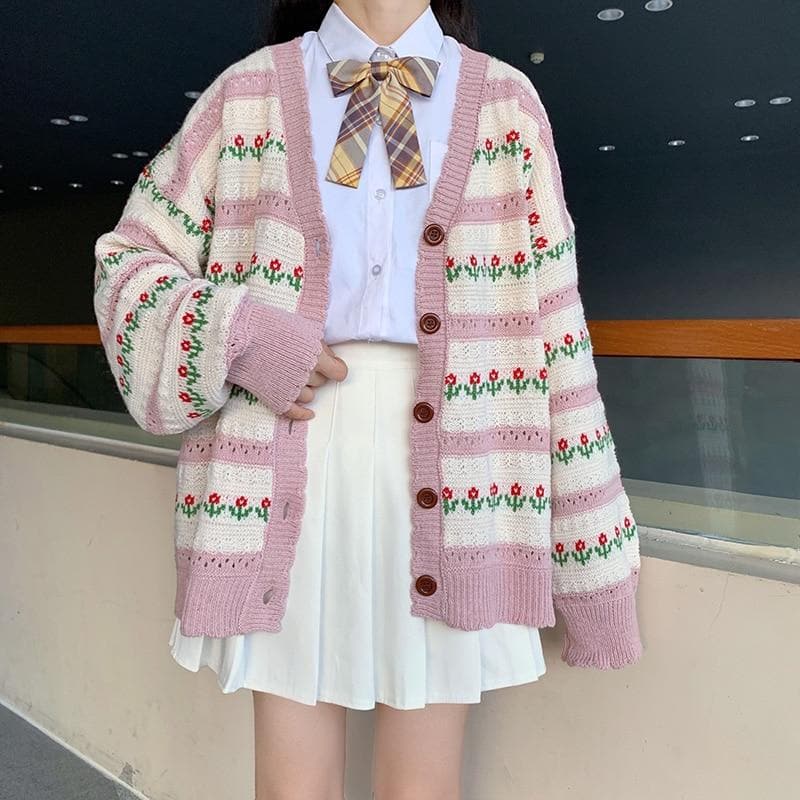 Knitted Cardigan with Floral Pattern - Asian Fashion Lianox