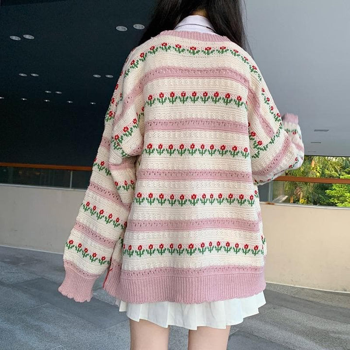 Knitted Cardigan with Floral Pattern - Asian Fashion Lianox