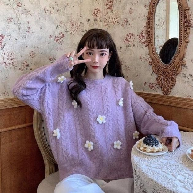 Knit Sweater With Floral Design - Asian Fashion Lianox