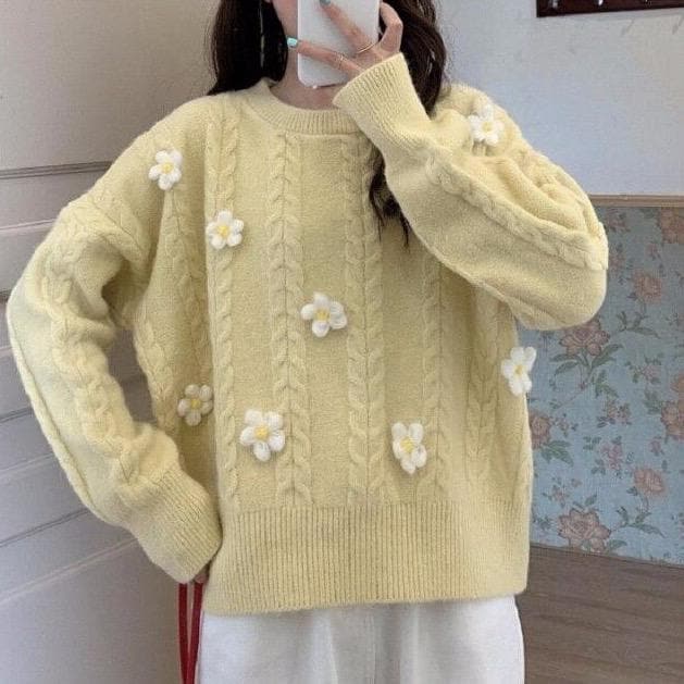 Knit Sweater With Floral Design - Asian Fashion Lianox