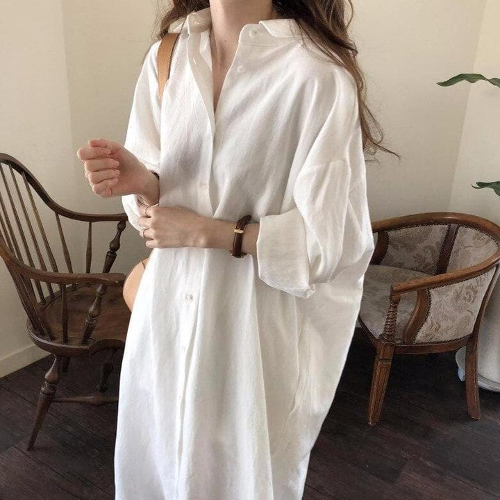 Long Shirt Dress With Buttons - Asian Fashion Lianox