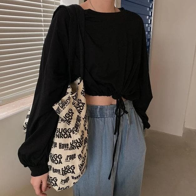 Cropped Sweater With Drawstring - Asian Fashion Lianox
