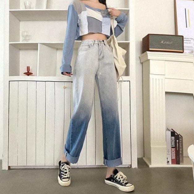 High-Waist Pants With Color Gradient - Asian Fashion Lianox