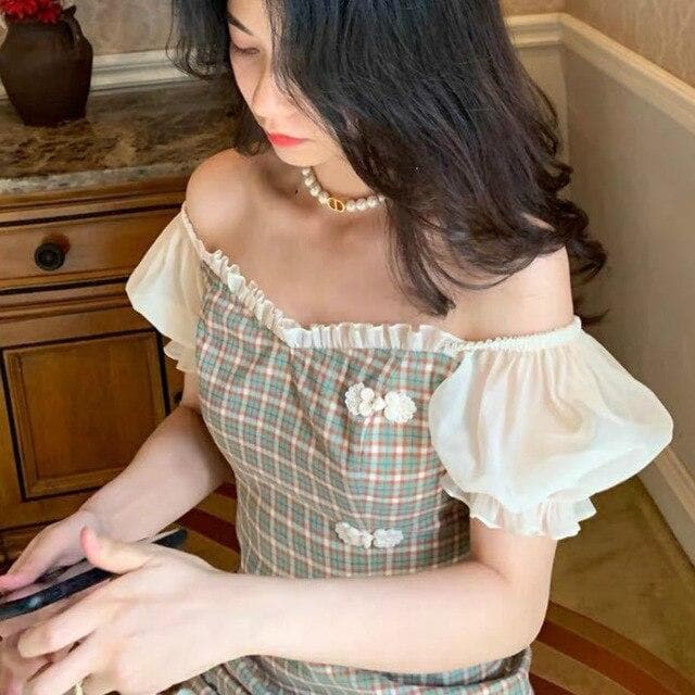 Off-the-Shoulder Plaid Dress with Puff Sleeves - Asian Fashion Lianox