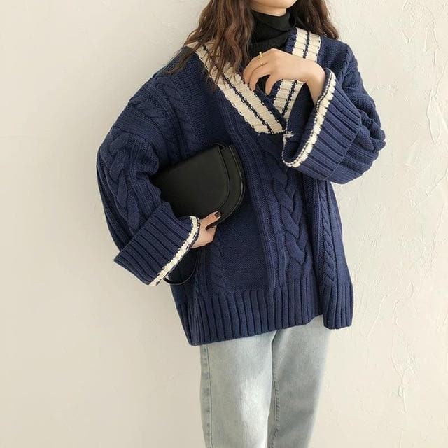 Knit V-Neck Sweater with Flare Sleeves - Asian Fashion Lianox