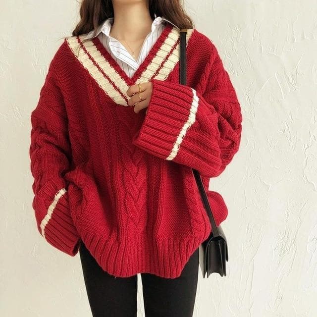Knit V-Neck Sweater with Flare Sleeves - Asian Fashion Lianox