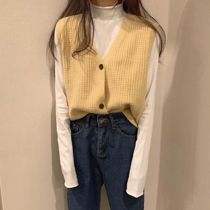 Knit Button-Down Vest with V-Neck - Asian Fashion Lianox