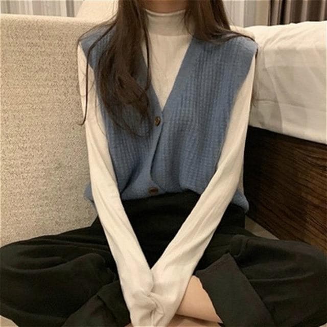 Knit Button-Down Vest with V-Neck - Asian Fashion Lianox